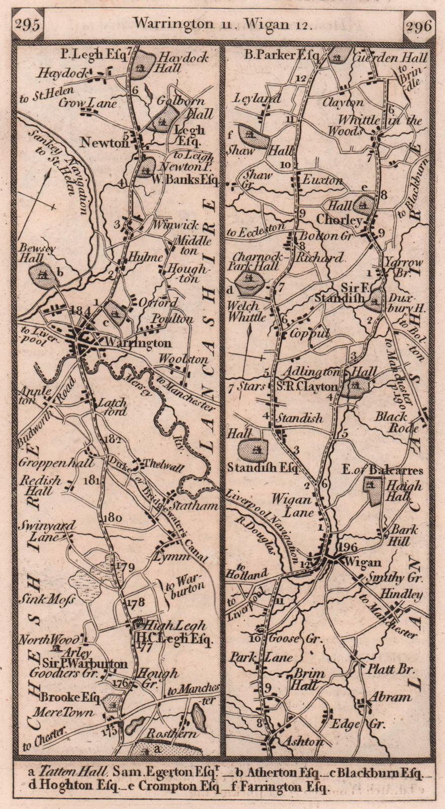 Warrington-Newton-le-Willows-Wigan-Chorley road strip map PATERSON 1803